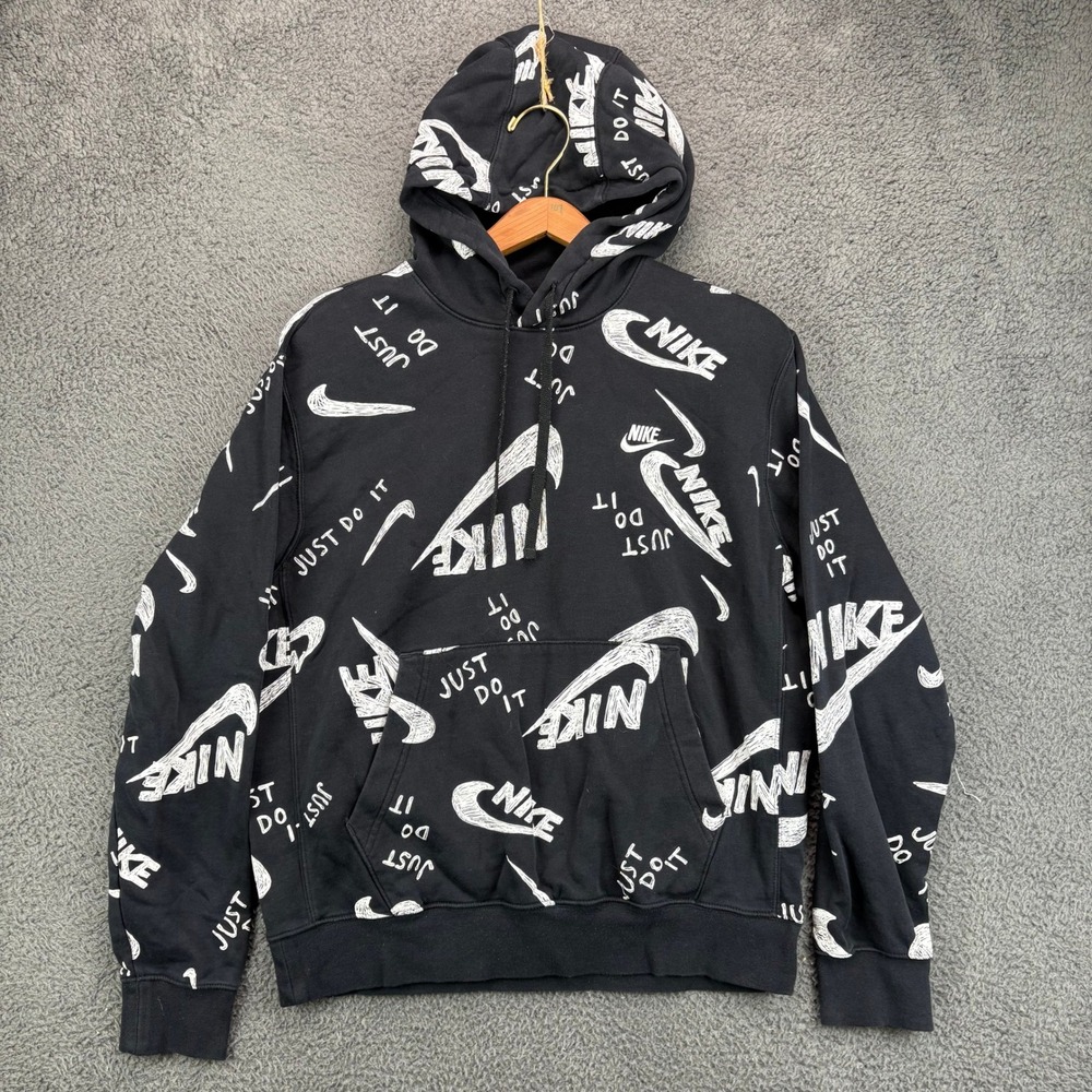 Nike Mens Just Do It Scribble All Over Print Hoodie Black White Medium